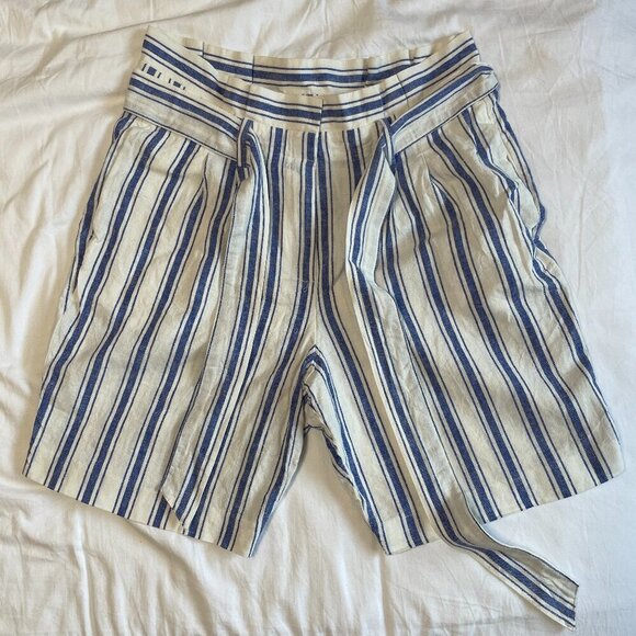 Boden Pants - Boden 100% Linen Tie Waist Paper Bag Blue and White Pin Strip Shorts Size 10